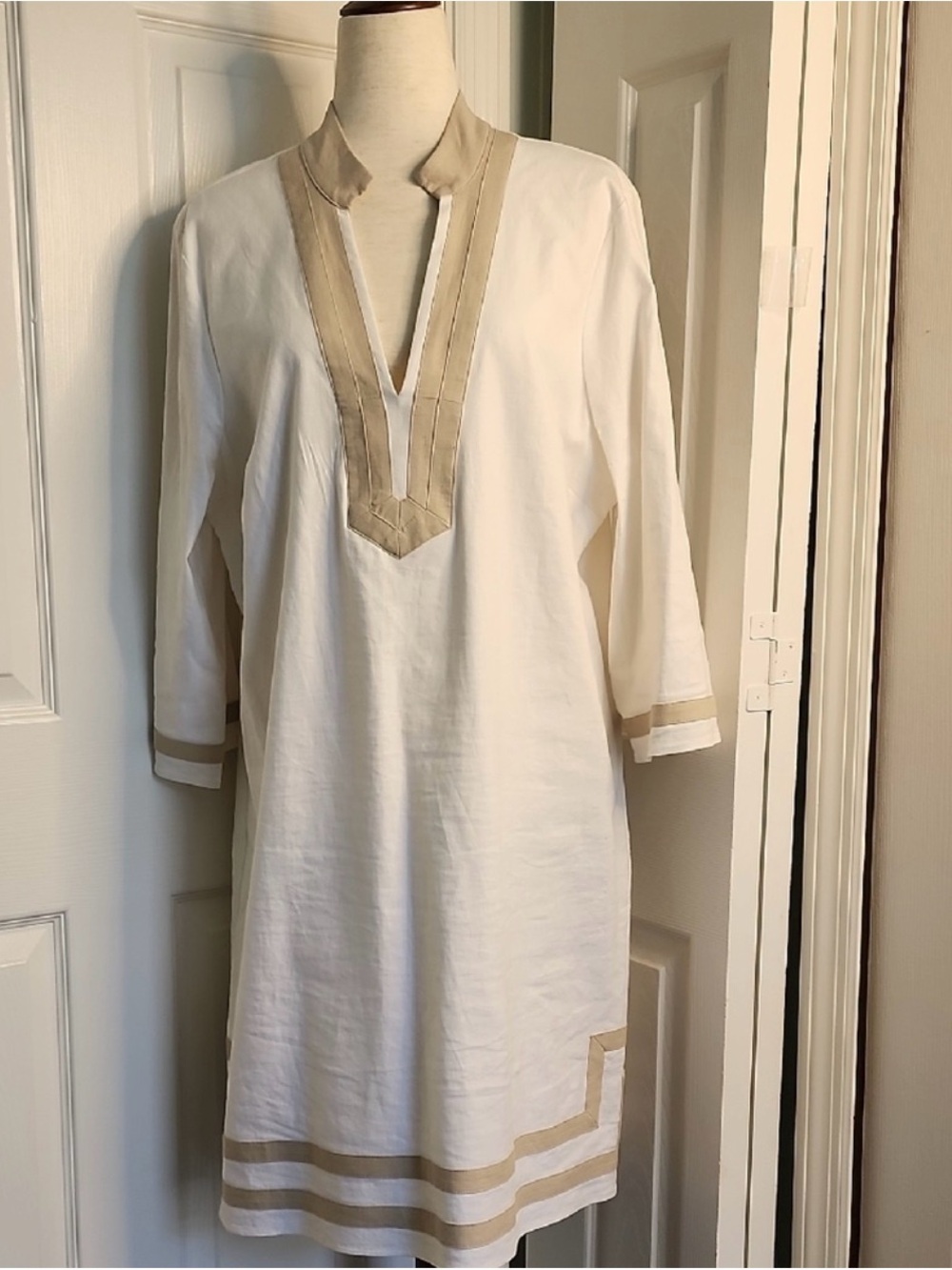 White Linen-Tunic with Beige Trim- cotton Lining and Side Zip